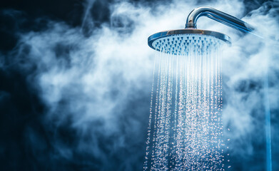 A refreshing rainfall showerhead with water streaming down surrounded by steamy mist.