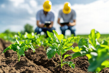 Field Researchers Testing Nanotechnology-Enhanced Crop Treatments In A Farm Setting, Using Handheld Devices To Measure Growth And Soil Health At The Nanoscale