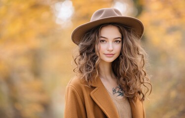 Woman with curly hair and a hat smiles warmly in a fall landscape