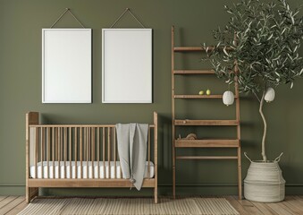 Modern nursery room interior design with a crib, two blank frames, a wooden shelf, and a potted olive tree