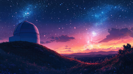 astronomical observatory with dome and telescope on hill against starry night sky, astronomy, science, space, planets, constellations, milky way, nature, architecture, stars, celestial body, astrology