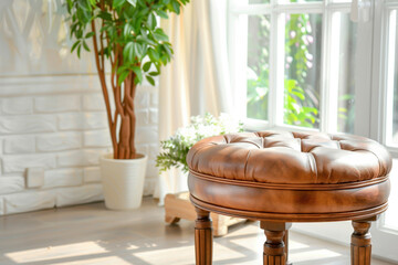 A 3D wooden chair placed in a bright room with natural light and greenery, perfect for modern interior decor and home inspiration.