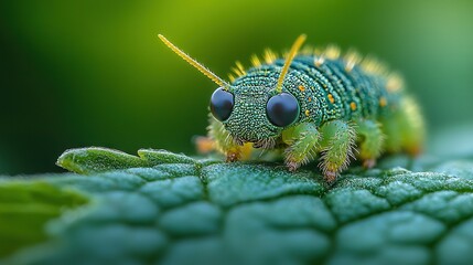 Wall Mural -   A photo of a green caterpillar with droplets on its eyes, taken at a close-up
