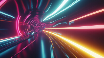 Futuristic neon tunnel with vibrant pink, blue, and yellow light streaks, creating a sense of high-speed motion.