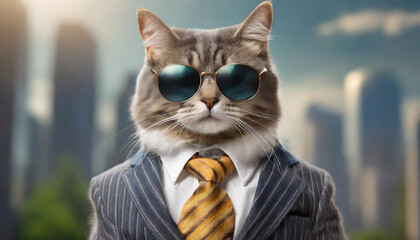 A confident cat in a suit and sunglasses stands against a city skyline, exuding charm and professionalism