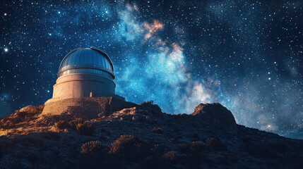 astronomical observatory with dome and telescope on hill against starry night sky, astronomy, science, space, planets, constellations, milky way, nature, architecture, stars, celestial body, astrology