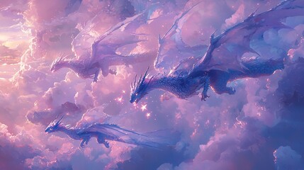 Wall Mural -   A group of blue dragons soaring through a cloud-covered sky, surrounded by glowing stars and fluffy clouds below