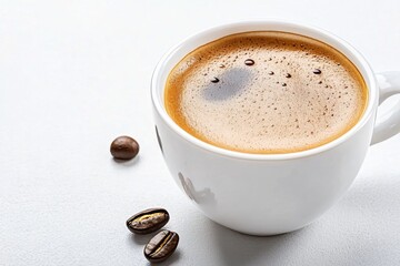 Aufkleber - Minimalist cup of coffee placed on a clean, white table with only a soft glow from early morning light, highlighting simplicity and focus