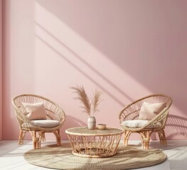 Boho style living room interior with two rattan armchairs and coffee table on pink background. Minimalist design with shadows of sun