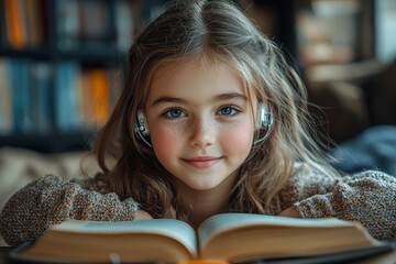 A young girl with hearing aids smiling brightly while reading a book, showing confidence and empowerment. Concept of education.