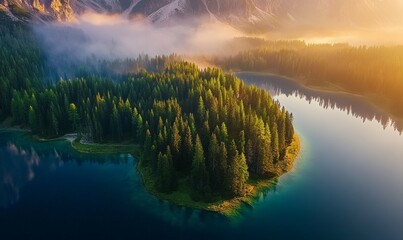 Aerial view of Misurina Lake coastline with forest along the coast at sunset