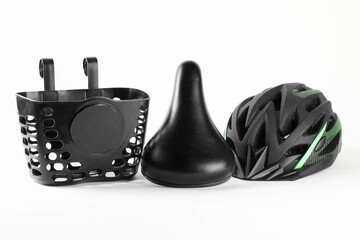 Poster - Parts of bicycle and helmet on white background