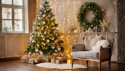 Wall Mural - Cozy living room adorned with Christmas decorations featuring a tree, wreath, and twinkling lights in a warm, inviting atmosphere