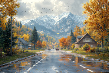 Wall Mural - a quiet rural street, where only a few cars pass and life feels unhurried. concept of slow living.