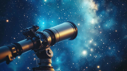 Close-up of astronomical observatory telescope against starry night sky, copyspace, stars, constellations, space, universe, planets, science, learning, research, discovery, celestial bodies, blue