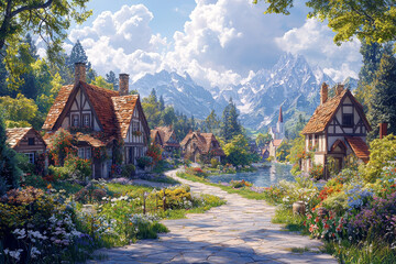 Wall Mural - a quiet countryside village, where life moves at a slower pace and everyone knows their neighbors. c
