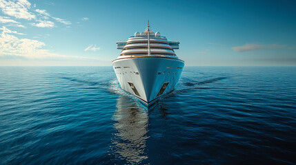 A large cruise ship sails smoothly across calm ocean waters under a clear blue sky during daytime