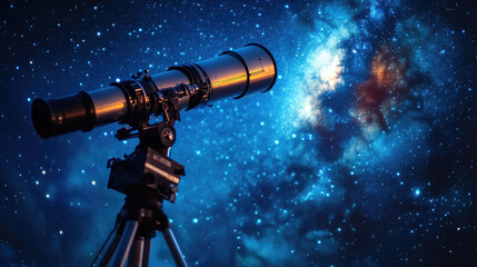Close-up of astronomical observatory telescope against starry night sky, copyspace, stars, constellations, space, universe, planets, science, learning, research, discovery, celestial bodies, blue