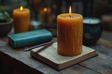 Wall Mural - a person writing in a journal by candlelight, reflecting on their day without rushing. concept of sl