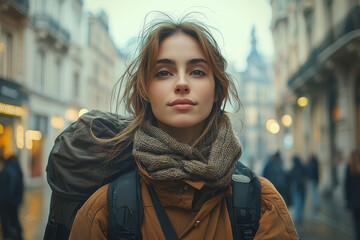 Canvas Print - A person wearing no makeup and natural clothes, confidently walking through the city. Concept of self-expression.