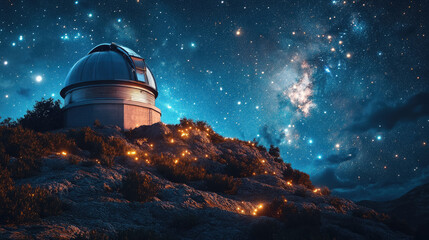 astronomical observatory with dome and telescope on hill against starry night sky, astronomy, science, space, planets, constellations, milky way, nature, architecture, stars, celestial body, astrology