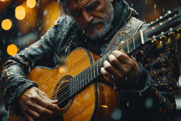 Poster - A musician playing an acoustic instrument, sharing raw, unfiltered sounds. Concept of art.