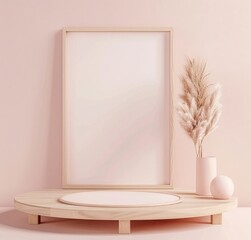 Minimalistic 3D render of a round wooden podium with a blank frame mockup on a pink background and pampas grass decoration. Perfect for showcasing your products or designs