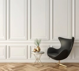 Modern black armchair and coffee table in classic white living room interior with wall panels. Minimalist design concept