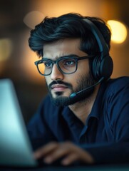 Wall Mural - Young Man with Headphones at a Desk