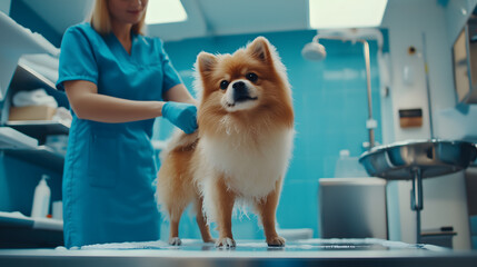 The dog's is bath attendant cutting fur, grooming pet salon background