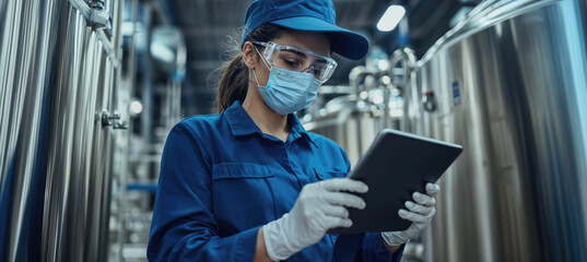 Wall Mural - Female industrial engineer wearing protective workwear using digital tablet at work