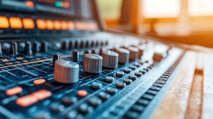 Multiple knobs and faders on a sound mixing console are prominently displayed, while warm sunset light casts a soft glow over the studio, creating a creative atmosphere