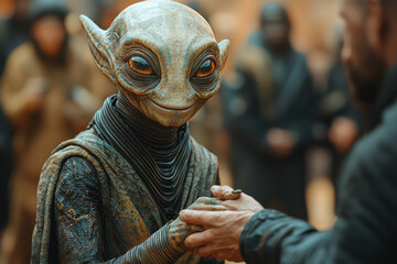 Wall Mural - an alien ambassador shaking hands with a human leader, symbolizing peace and interstellar diplomacy.