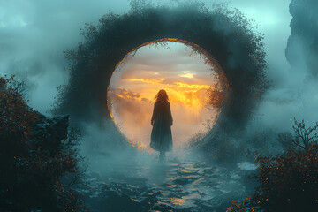 Wall Mural - a traveler stepping through a portal and arriving in a world where everything is the opposite, repre