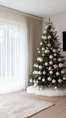 Sticker - A stunning Christmas tree adorned with lights and silver ornaments creates a cozy atmosphere in the living room, complemented by light gray curtains and a white rug