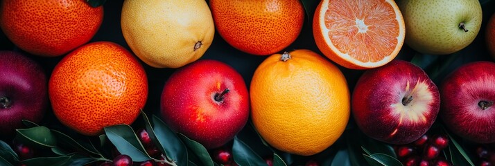 Poster - A colorful display featuring oranges, apples, and other fresh fruits on a dark surface.