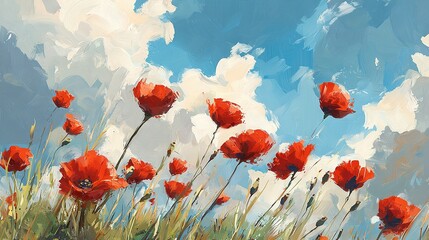 Sticker -   A field of red poppies, set against a backdrop of a blue sky and fluffy clouds