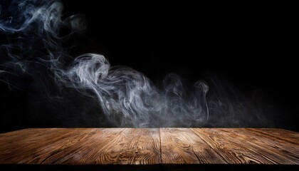 Wall Mural - wood table with smoke on black background