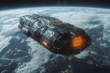 Wall Mural - a spacecraft from an alien civilization approaching earth, symbolizing first contact. concept of exp