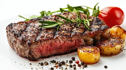 Wall Mural -   A white plate displays a juicy steak alongside roasted potatoes and a vibrant cherry tomato on a rustic wooden table