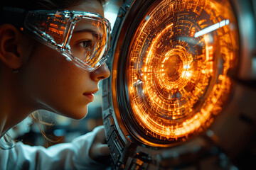 Wall Mural - a scientist looking at a machine that allows them to glimpse into alternate dimensions, symbolizing 
