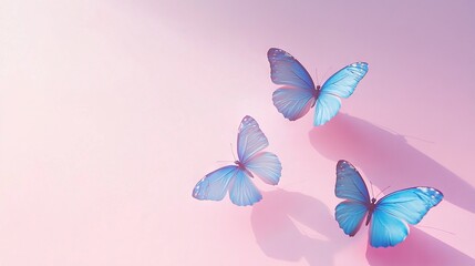 Poster -   Three blue butterflies fly above a pink-colored scene with a shadowed butterfly on the left