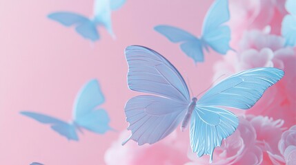 Sticker -   Blue butterfly flies above pink and white flowers against pink background