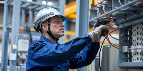 electrican working in a factory, worker with helmet, electrical worker in action