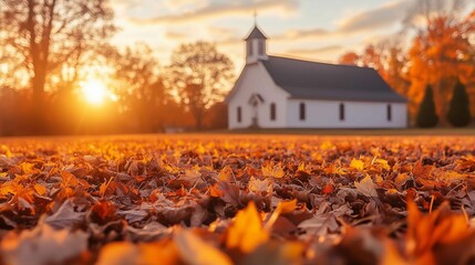 Leaves ground front church fall barn background golden hour scene voice religion summer forgiveness black roof
