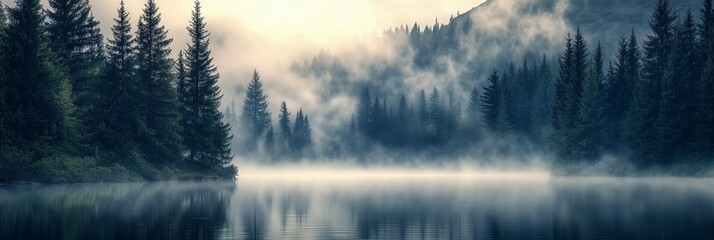 landscape with a forest lake in the fog. foggy weather. travel, hike.