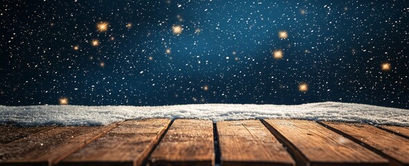 Christmas and winter holiday wood table with snow texture background