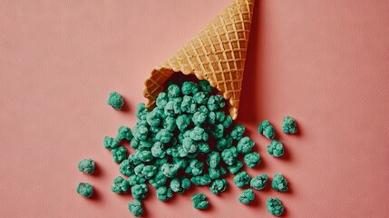 Sticker -  A green-filled cone rests beside a mound of green sprinkles on a pink background