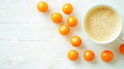 Sticker -   Coffee & Oranges on Wood Table