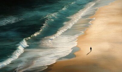 Aerial view of serene beach with walking person and calming wave